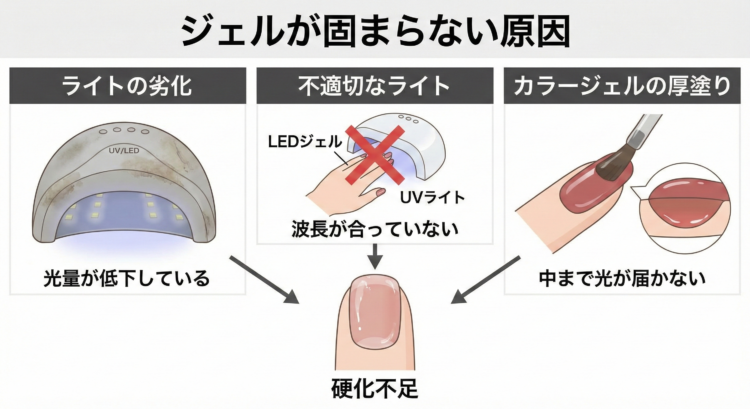 ジェルネイルが固まらない理由を解説する図